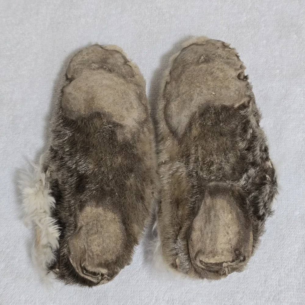 VTG Native American Beaded Child Moccasins Size 1 Fur Lined Thunderbird Handmade